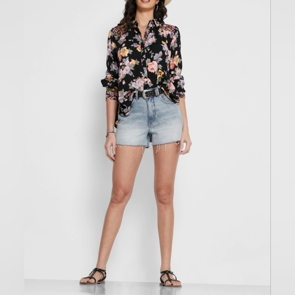 Free People Boho Pleated Floral Button Up Long Cuffed Sleeve Top